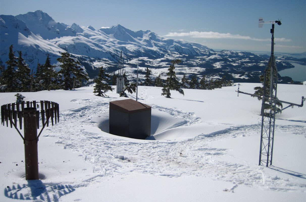 Mt. Eyak SNOTEL site, above the coastal town of Cordova, Alaska. Snow depth is about 10.5 feet, 45% density.
