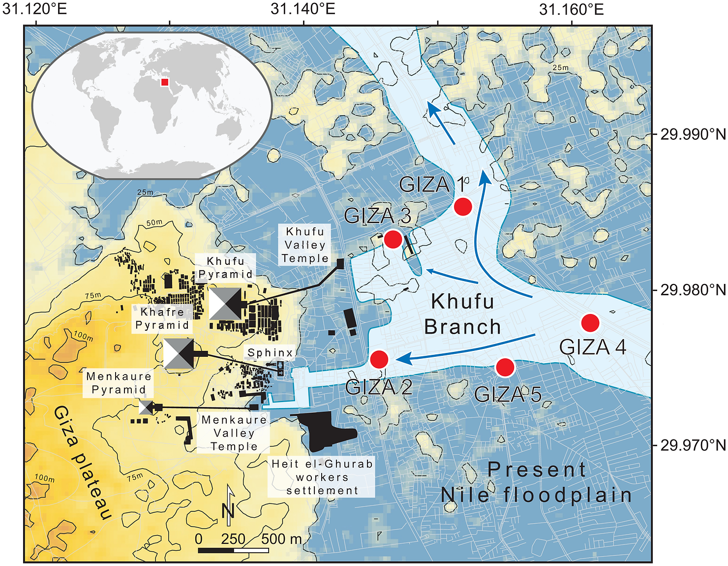 Location of the cores on the Giza floodplain. The two cores used to reconstruct Holocene variations in Khufu-branch levels (cores G1 and G4) are located where the Khufu basin was connected to the Nile. The Giza Pyramid Complex currently lies >7 km from the present-day Nile branch.