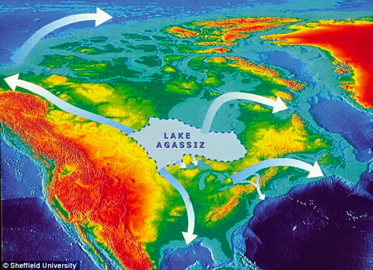 Where the Lake Agassiz waters went over time.