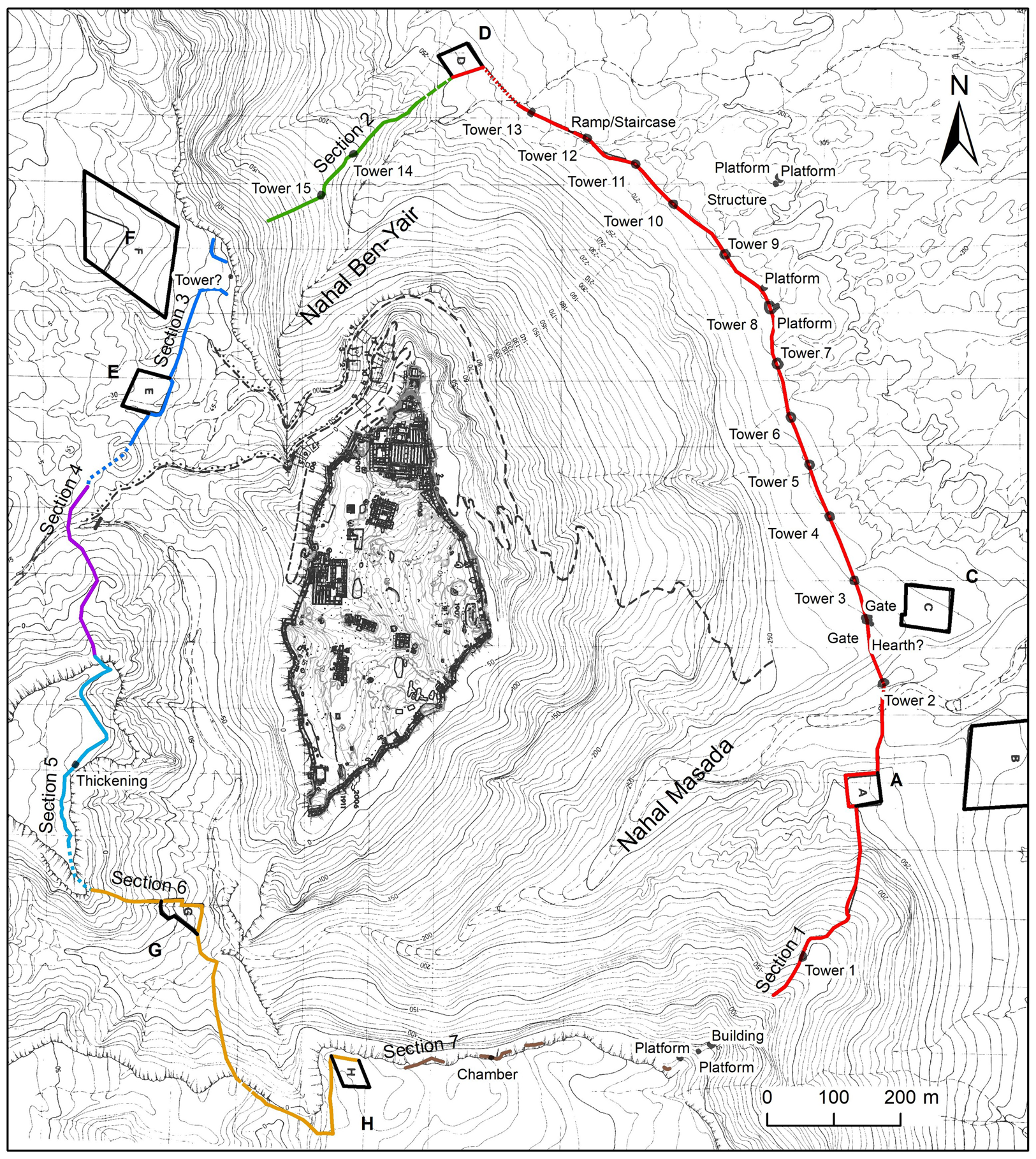 Masada circumvallation wall and its sections. (Drawing by H. Ashkenazi, Base Map after Netzer Reference Netzer1991, Plan A.)