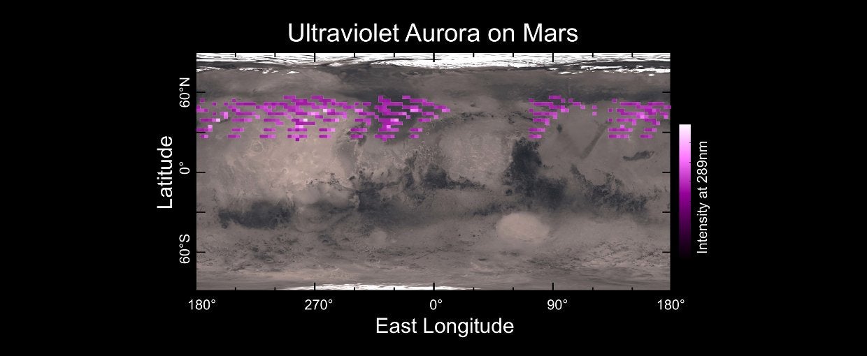 A map of MAVEN's Imaging Ultraviolet Spectrograph (IUVS) auroral detections in December 2014 overlaid on Mars’ surface. The map shows that the aurora was widespread in the northern hemisphere, not tied to any geographic location. The aurora was detected in all observations during a 5-day period.