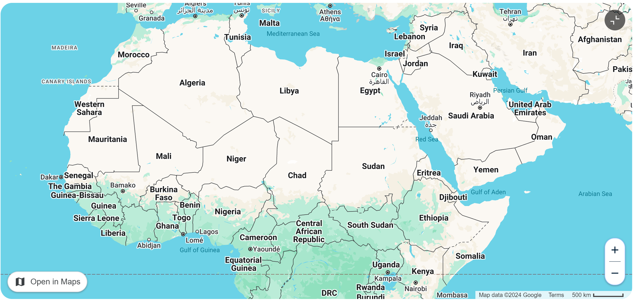 Map of Africa showing modern day Sudan in relation to other African countries.