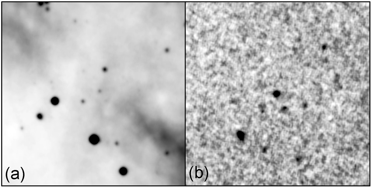 Two images exemplify each category’s appearance: Nebular on the left-hand side panel and non-nebular on the right-hand side. Both images are normalized. Each image corresponds to a squared region in the sky with a side of 9.625 arcmin. 