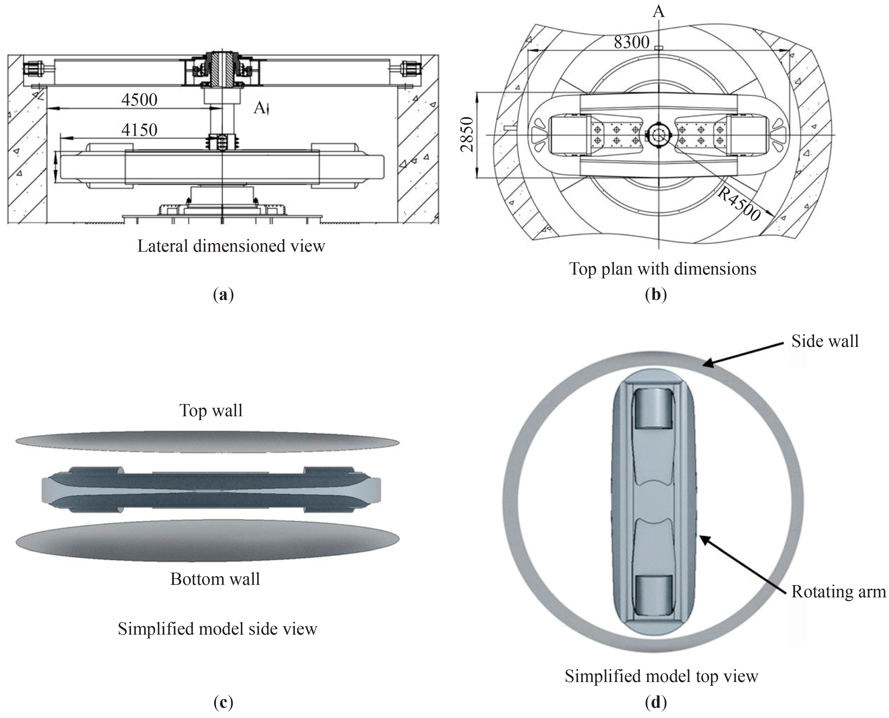 Dimensions of the CHIEF high-speed machine and simplified model, where (a) represents the lateral dimensioned view, (b) is the top plan with dimensions, (c) is the simplified model side view, and (d) is the simplified model top view.