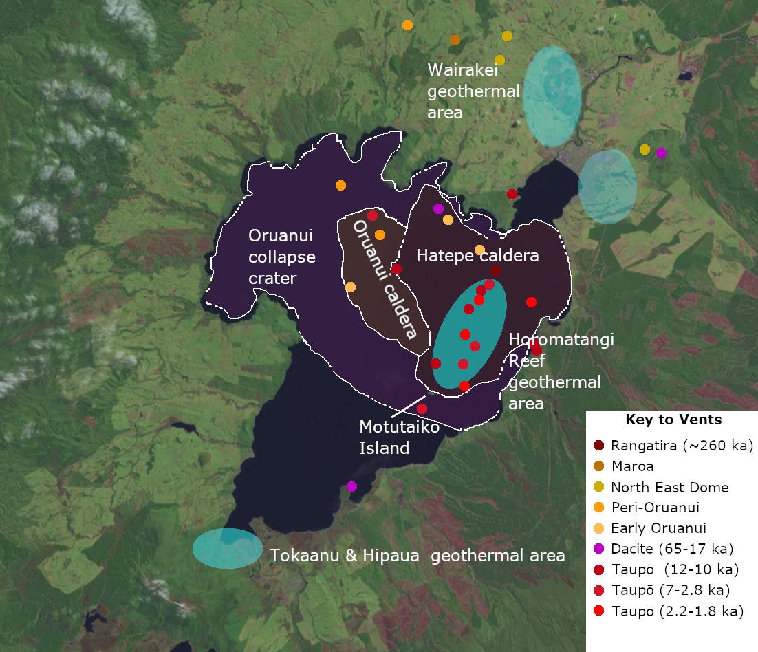 Recent vents and caldera structures Taupō Volcano. Present active geothermal systems are in light blue. A key to the vents is in the diagram.