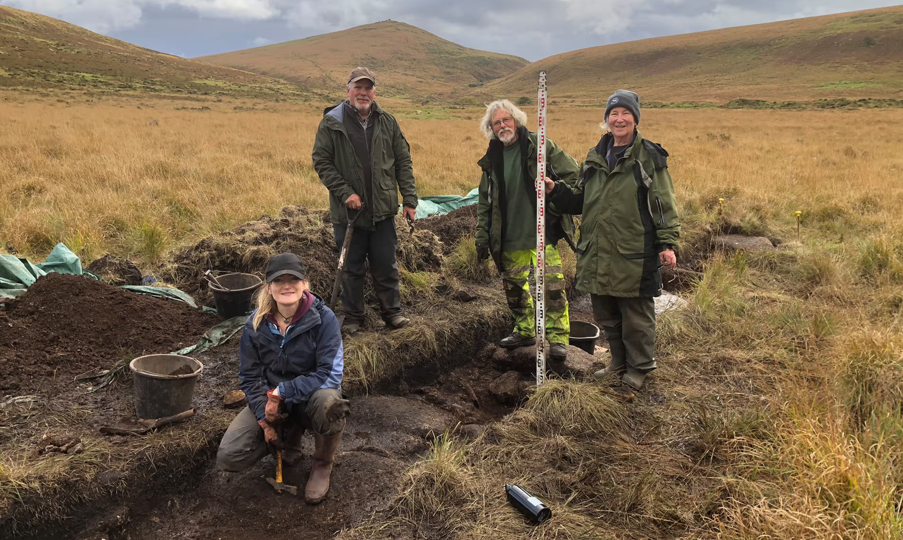 Alan Endacott (second from left) with dig volunteers at the newly discovered Metheral stone circle on Dartmoor. 