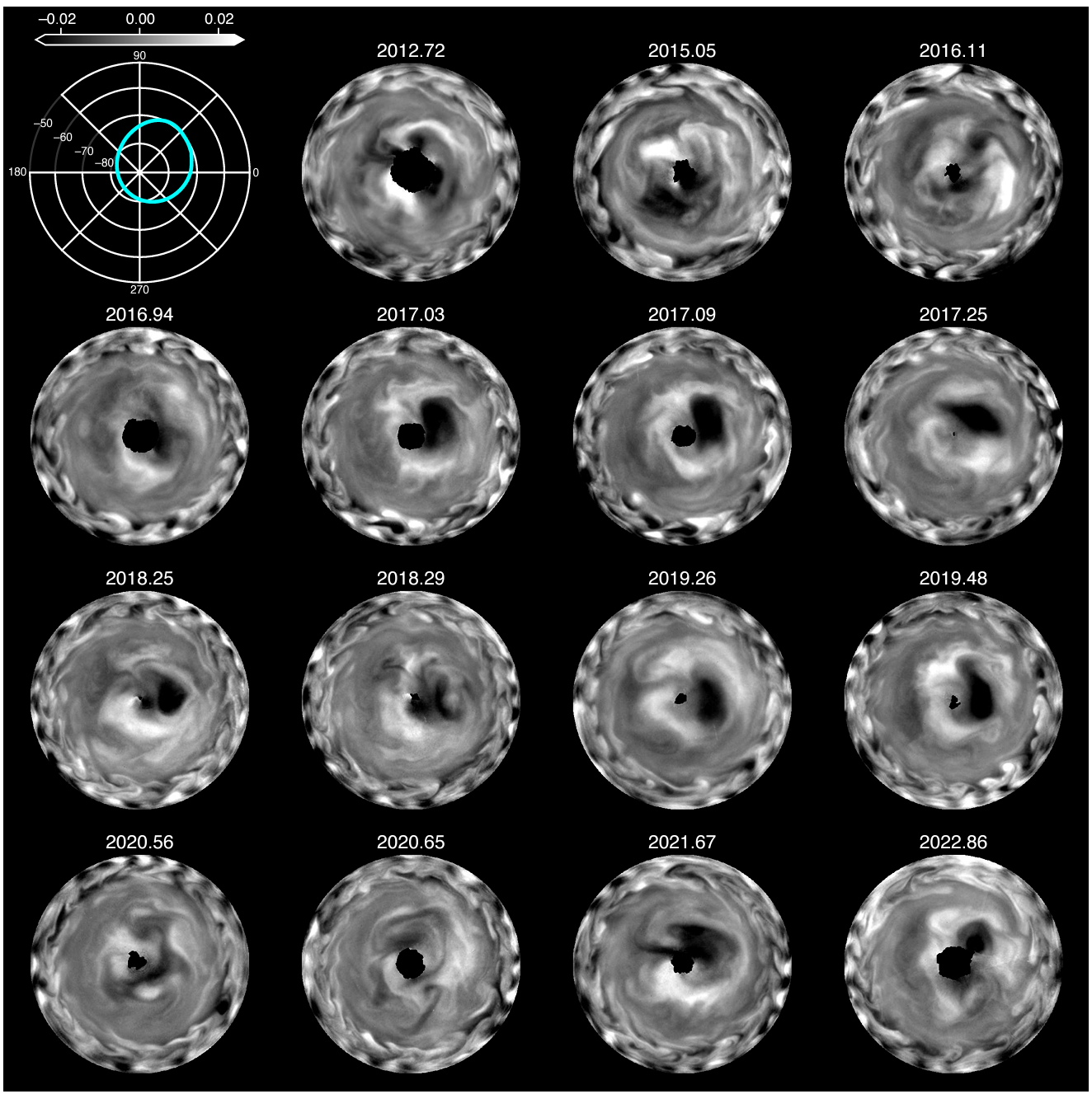 South polar maps show well-defined SUDOs present in 9 of 15 WFC3 observation dates. Each polar map shows ∆I/F after the limb-darkening correction and image stacking as described in Methods.