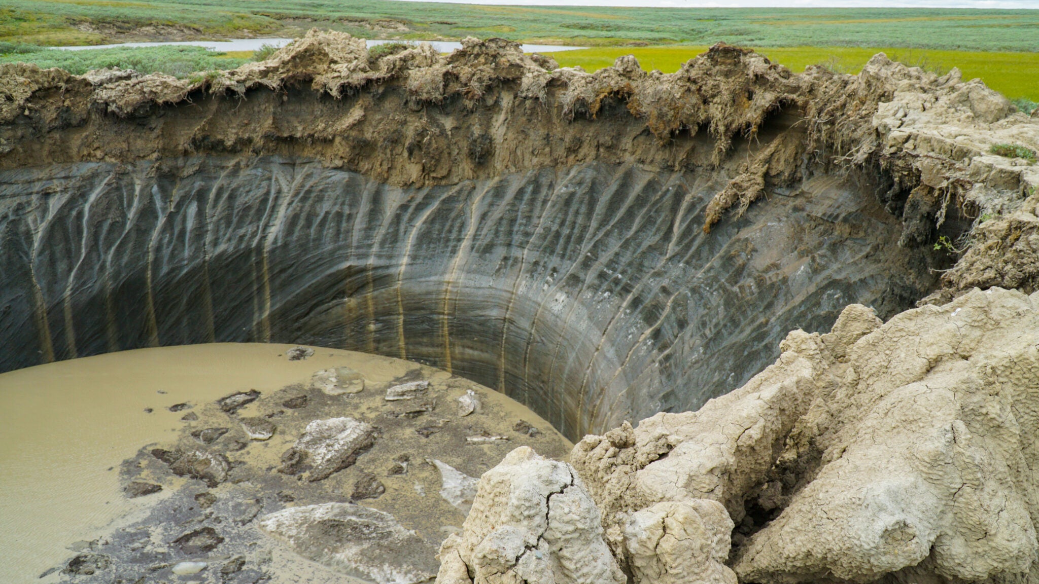 Large craters in the tundra on Russia’s Yamal Peninsula are formed by a combination of warming and osmosis. 