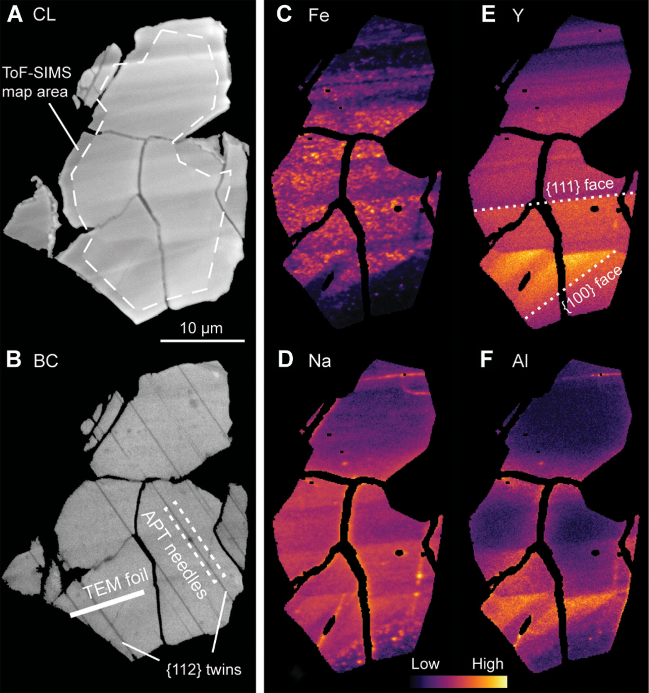 Micrographs of the shocked martian zircon grain showing key features.