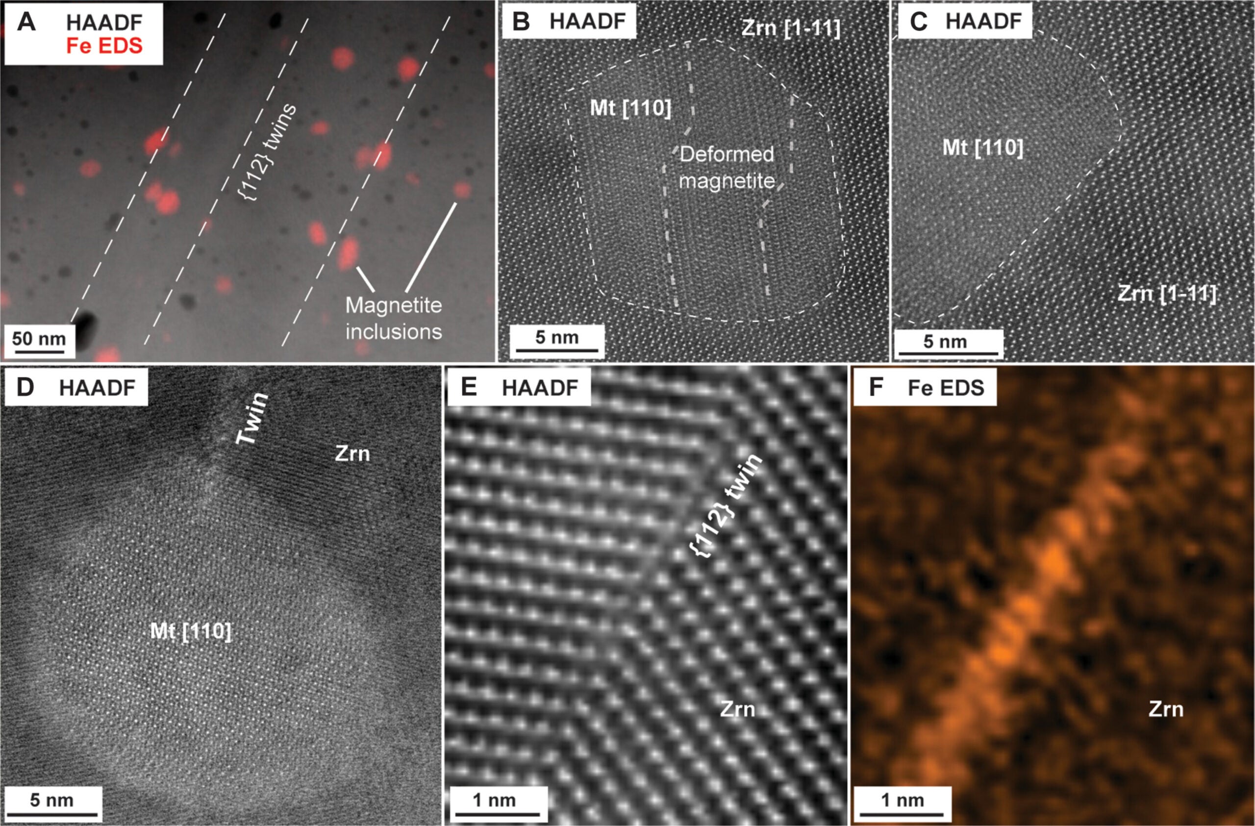 TEM images of nanoinclusions and twin planes within the zircon.