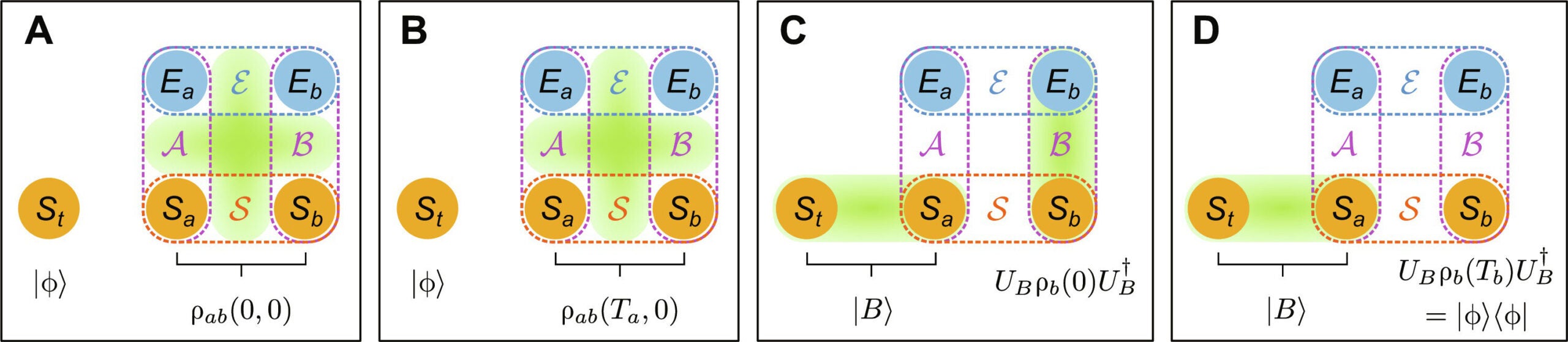 Stages of noisy quantum teleportation.