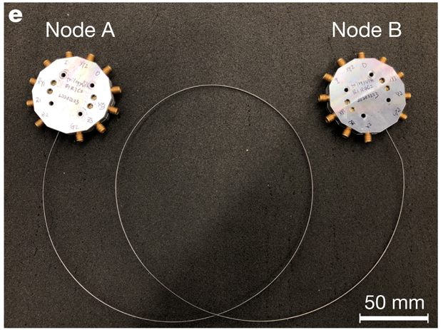 Quantum network comprising two superconducting quantum nodes connected by a one-metre-long superconducting coaxial cable, where each node includes three interconnected qubits.