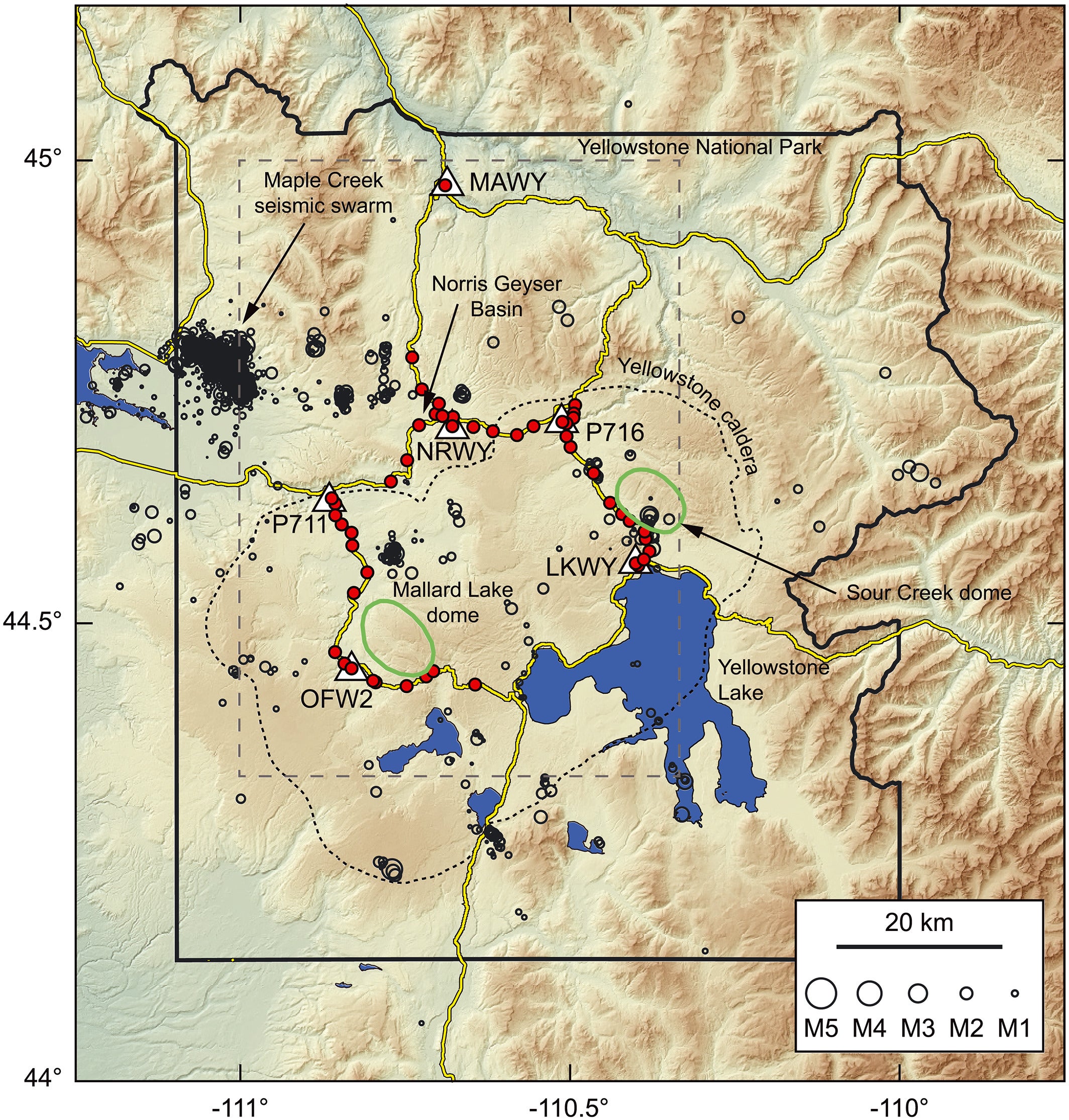 Shaded relief map of Yellowstone National Park (outlined in solid black line) with seismicity in 2017 (open circles), roads (yellow lines), boundary of caldera that formed 631,000 years ago (dashed line), gravity stations occupied in 2017 (red circles), resurgent domes (labeled green ellipses), and continuous GNSS stations 