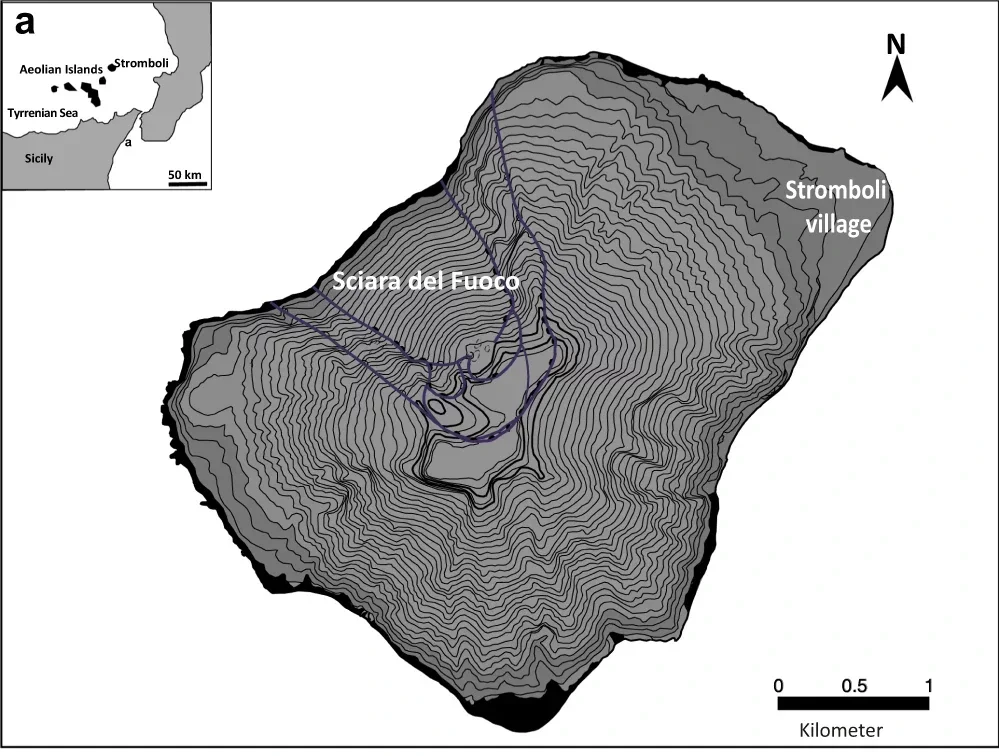 Map of Stromboli volcano and mineralogical map of 2019 tephra.