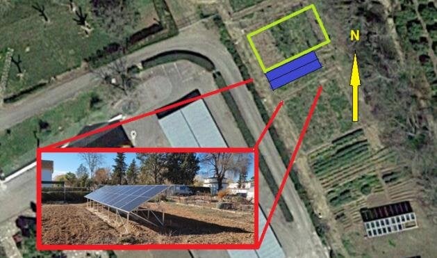 Scheme of the location of the experimental agrivoltaic plant (blue: PV plant; yellow: orchard)