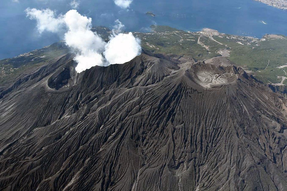 During an overflight of Aira’s Sakurajima volcano on 16 March 2020, JMA captured this view to the SW of the Kitadake crater on the right, the steam-covered Minamidake crater in the center, and the smaller Showa crater on the left adjacent to Minamidake.