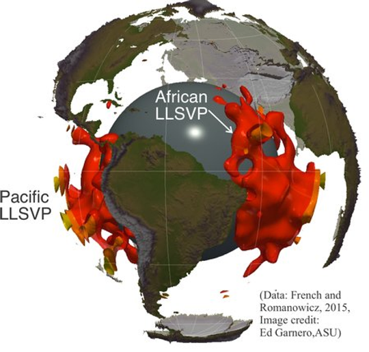 Illustration of the location of the two large, dense "blobs" of iron-rich material near the Earth's core. One is underneath the African continent while the other is across the globe beneath the Pacific Ocean. Each blob is nearly twice the size of the Moon. Earth's core is illustrated as a gray sphere.