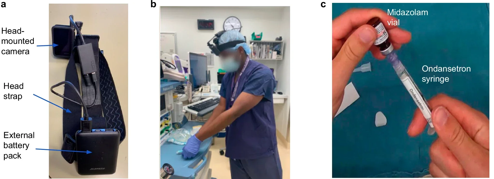 Head-mounted camera (GoPro Hero8) attached to a head strap and powered by an external battery pack. b Recording drug preparation events using wearable camera system. c Vial swap error from midazolam vial into syringe with ondansetron label.