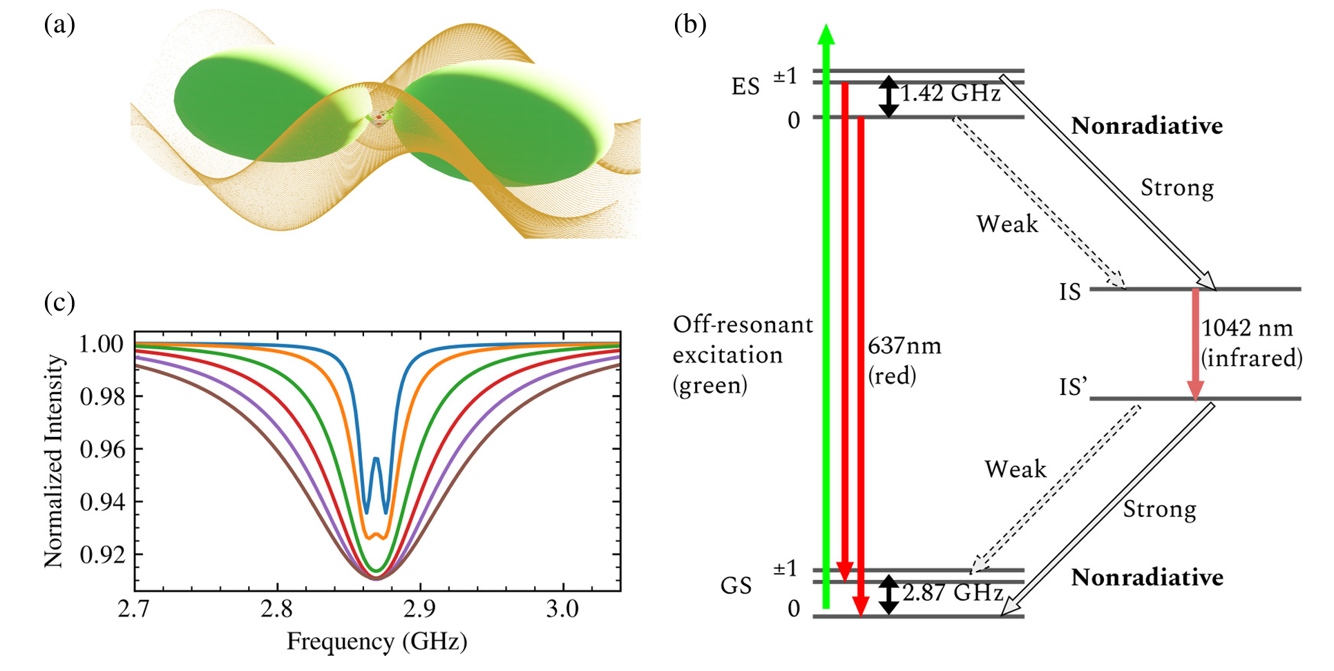 Artistic representation of the central idea of the present paper: a ND (red) containing an ensemble of N-V spins is placed in the gap of a grape dimer (green). The N-V spins exchange MW photons with the confined field mode between the grapes, indicated by the orange field lines. 