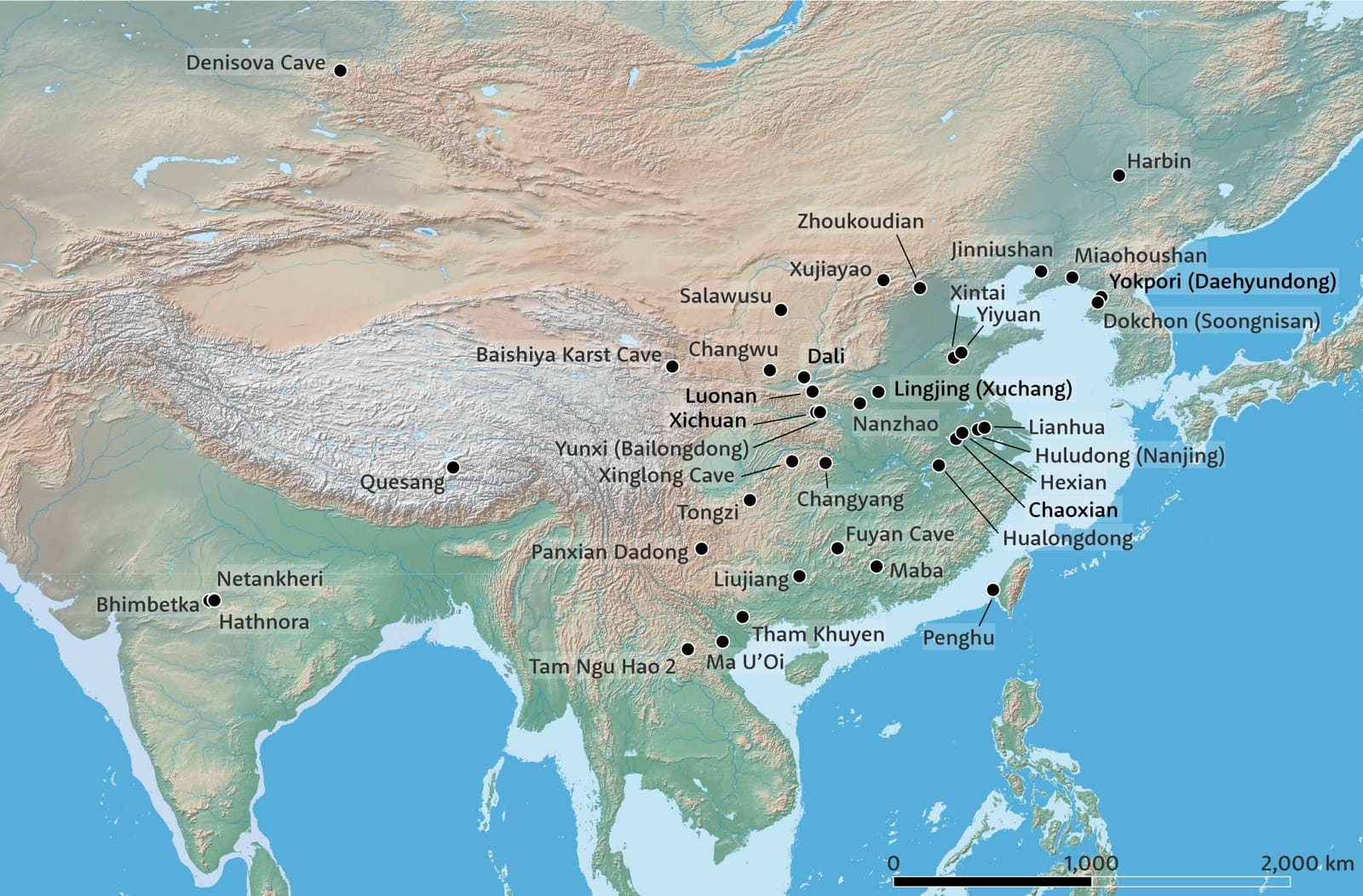 Middle Pleistocene and early Late Pleistocene sites in eastern Asia and the surrounding region. Light blue offshore areas are less than 120 meter depth and would have been dry land during glacial maximums.