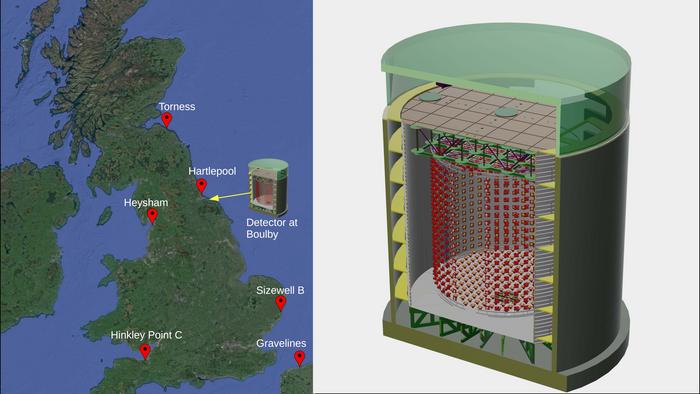 Schematic of the antineutrino detector and reactors in the proposed area it is theoretically able to detect.

