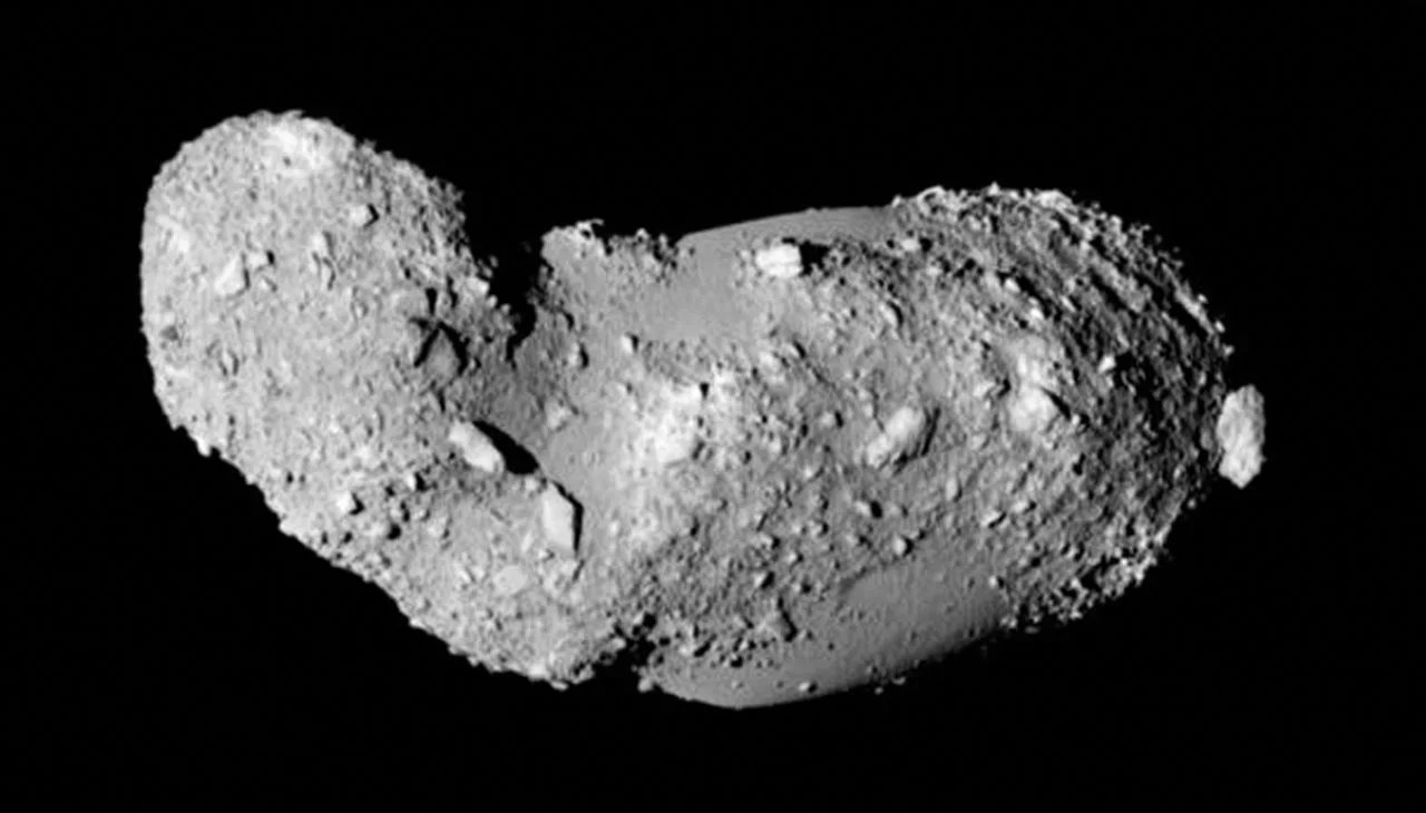 This very detailed view shows the strange peanut-shaped asteroid Itokawa.