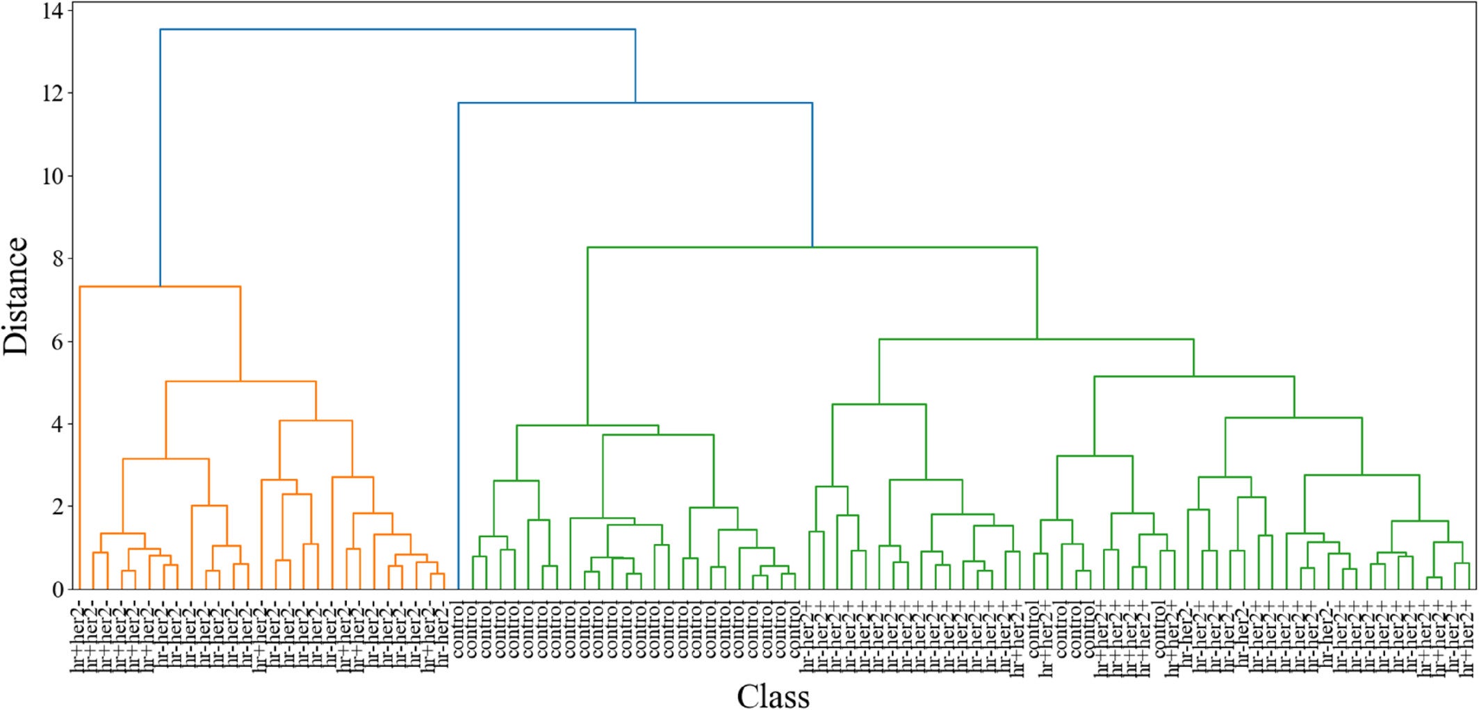 Hierarchical clustering dendrogram illustrating the relationships among blood plasma of different breast cancer subtypes and control samples of trial 2 based on their spectral features.