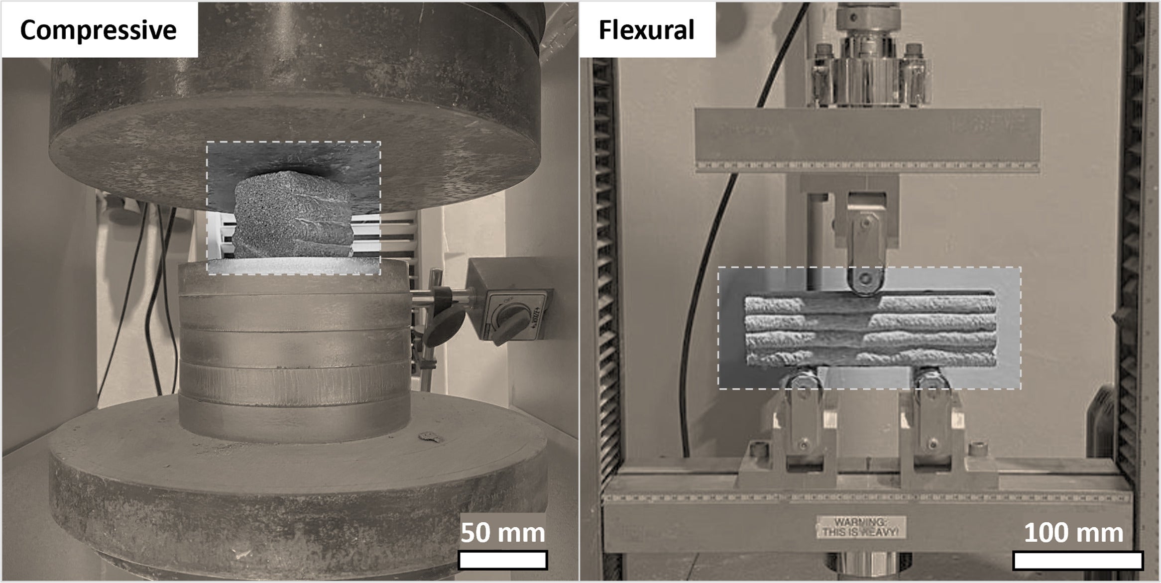 The ALFA B-001 compression tester and Instron 5969 universal test machine were used to conduct z-axis compressive (2.25 kN/s) and flexural (50 N/s) loading tests on samples, respectively, with reference to EN 196–1 standards.