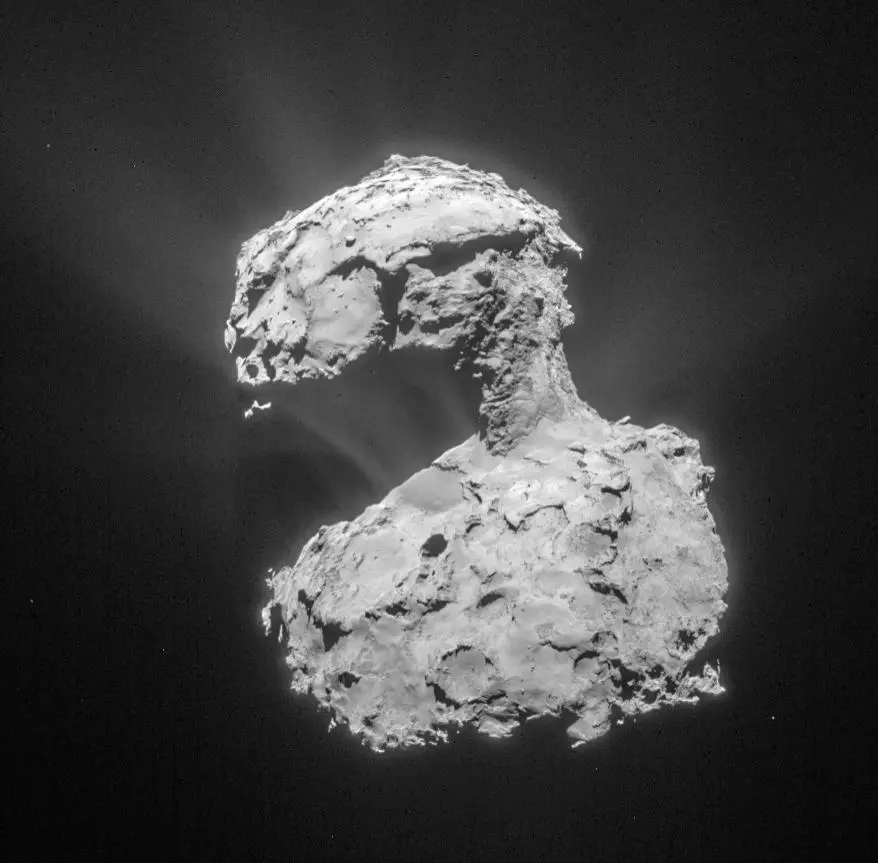 This image, taken by ESA’s Rosetta navigation camera, was taken from a about 53 miles from the center of Comet 67P/Churyumov-Gerasimenko on March 14, 2015. The image resolution is 24 feet per pixel and is cropped and processed to bring out the details of the comet's activity.