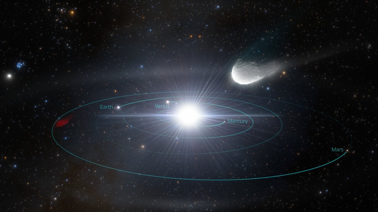 An artist’s impression of a small, rocky interstellar object hurtling from the upper right toward the inner Solar System. 