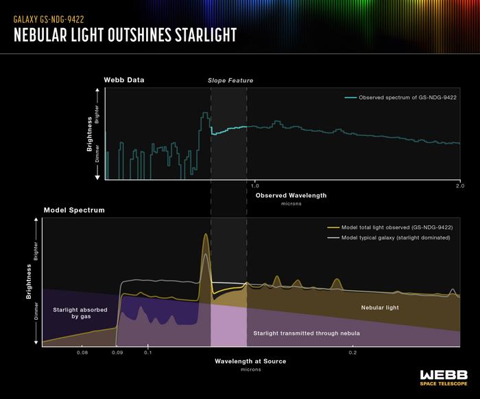 This comparison of the data collected by the James Webb Space Telescope with a computer model prediction highlights the same sloping feature that first caught the eye of astronomer Alex Cameron, lead researcher of a new study published in Monthly Notices of the Royal Astronomical Society. The bottom graphic compares what astronomers would expect to see in a "typical" galaxy, with its light coming predominantly from stars (white line), with a theoretical model of light coming from hot nebular gas, outshining stars (yellow line). The model comes from Cameron’s collaborator, theoretical astronomer Harley Katz, and together they realized the similarities between the model and Cameron's Webb observations of galaxy GS-NDG-9422 (top). The unusual downturn of the galaxy's spectrum, leading to an exaggerated spike in neutral hydrogen, is nearly a perfect match to Katz’s model of a spectrum dominated by super-heated gas. While this is still only one example, Cameron, Katz, and their fellow researchers think the conclusion that galaxy GS-NDG-9422 is dominated by nebular light, rather than starlight, is their strongest jumping-off point for future investigation. They are looking for more galaxies around the same one-billion-year mark in the universe’s history, hoping to find more examples of a new type of galaxy, a missing link in the history of galactic evolution.

