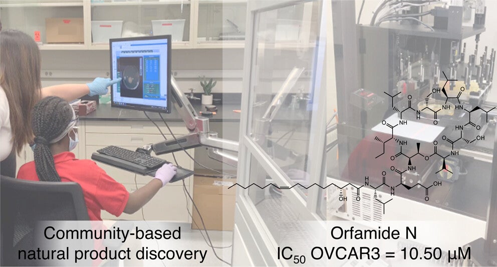 Through a partnership with a local university, a middle school student (seated) discovered a never-before-seen compound using specialized programmable equipment (right).