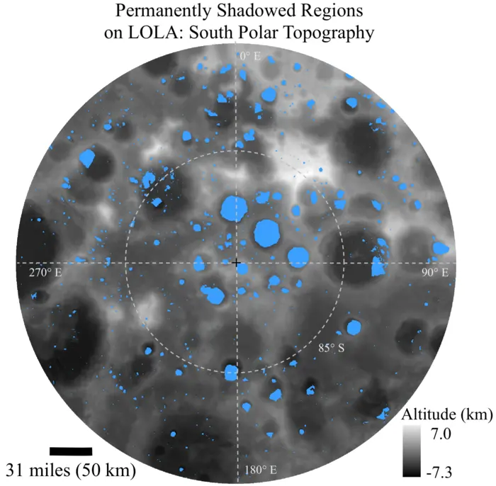 This illustration shows the distribution of permanently shadowed regions (in blue) on the Moon poleward of 80 degrees South latitude. They are superimposed on a digital elevation map of the lunar surface (grey) from the Lunar Orbiter Laser Altimeter instrument on board NASA’s Lunar Reconnaissance Orbiter spacecraft.

