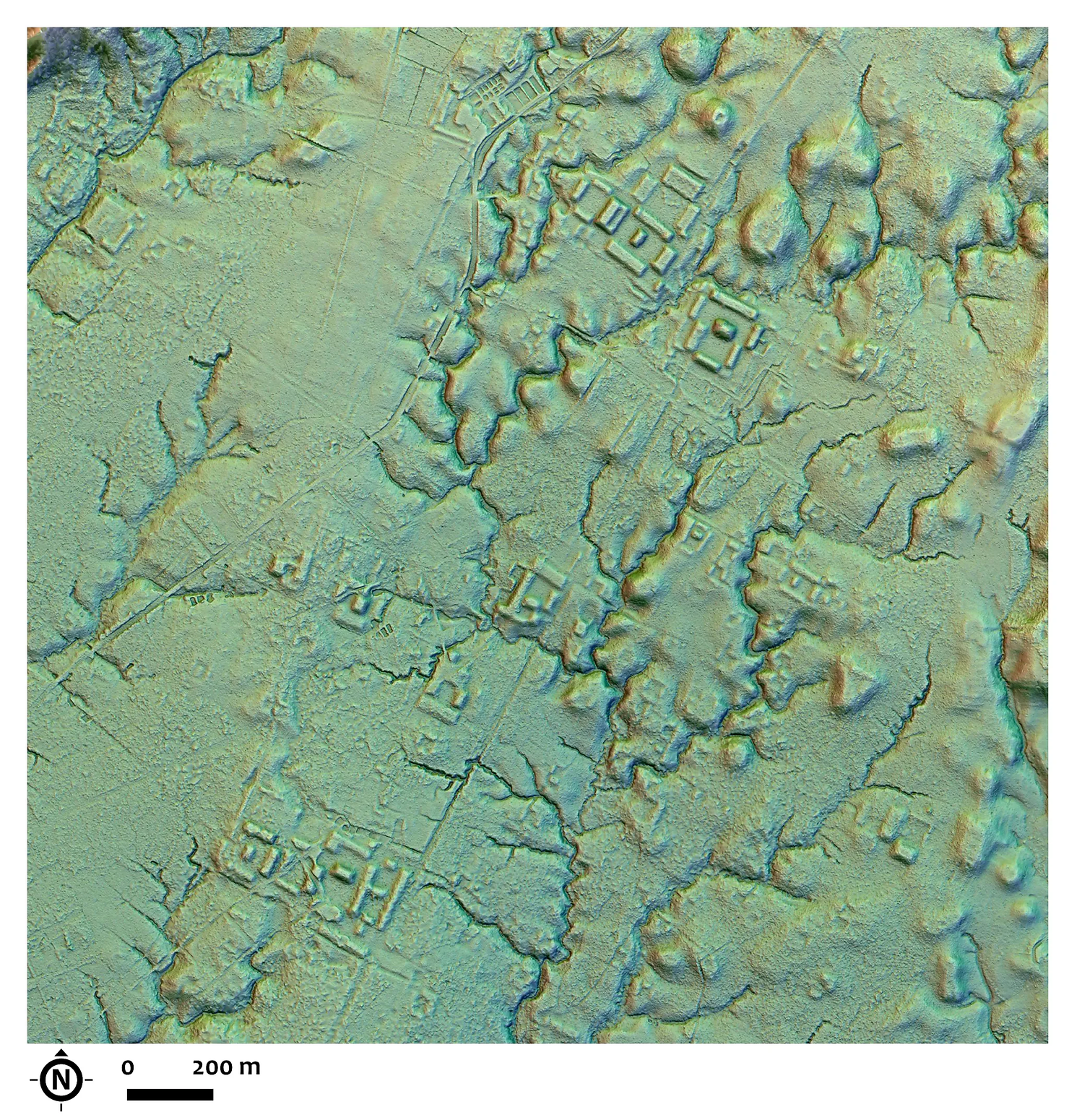 This LIDAR image provided by researchers in January 2024 shows a main street crossing an urban area, creating an axis along which complexes of rectangular platforms are arranged around low squares at the Copueno site, Upano Valley in Ecuador. 