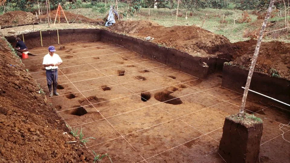 Large-scale archaeological excavation on one earth platform of the Kilamope site, Upano Valley, Ecuador. 