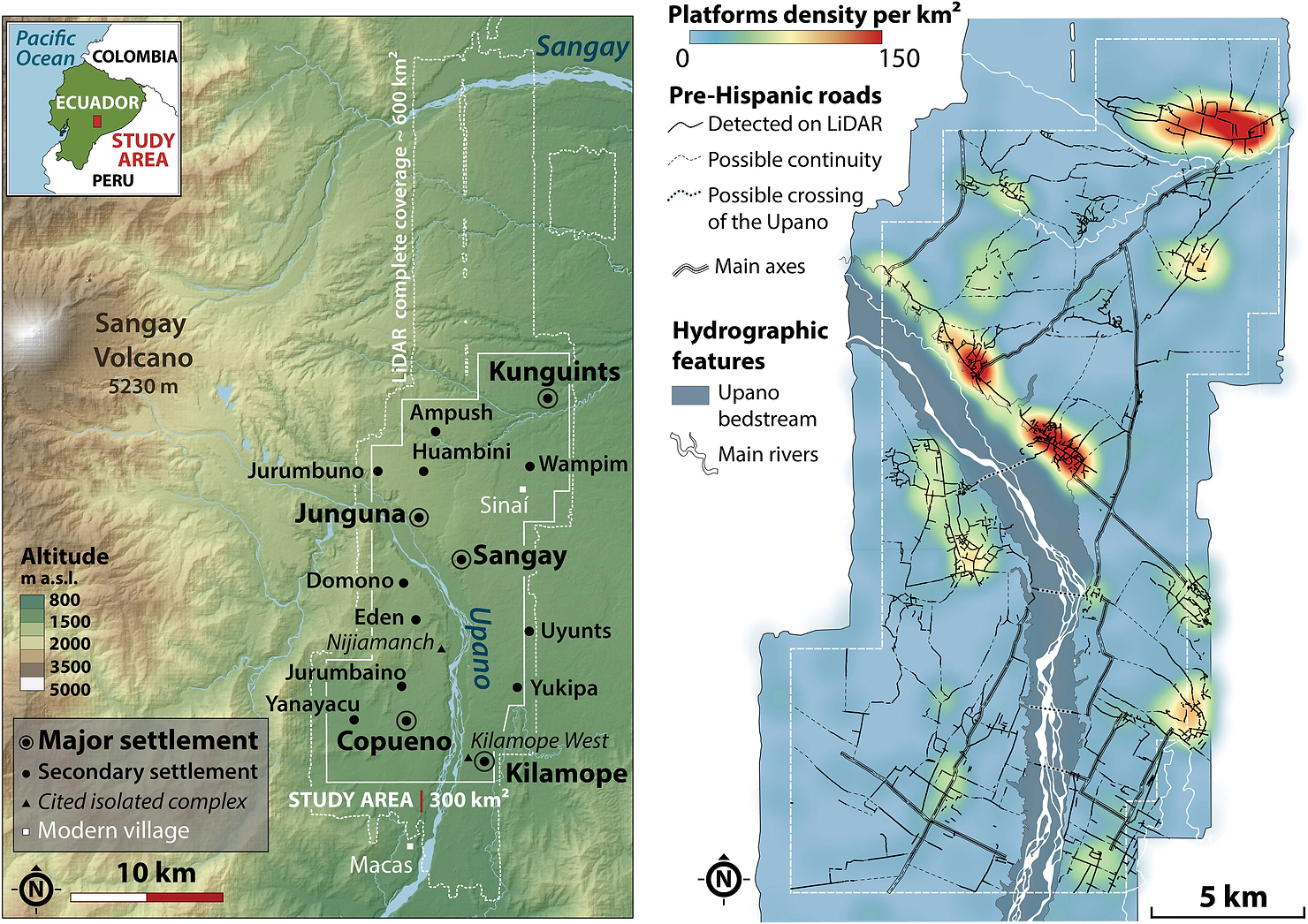 Researchers describe more than 6000 earthen platforms distributed in a geometic pattern connected by roads and intertwined with agricultural landscapes and river drainages in the Upano Valley.