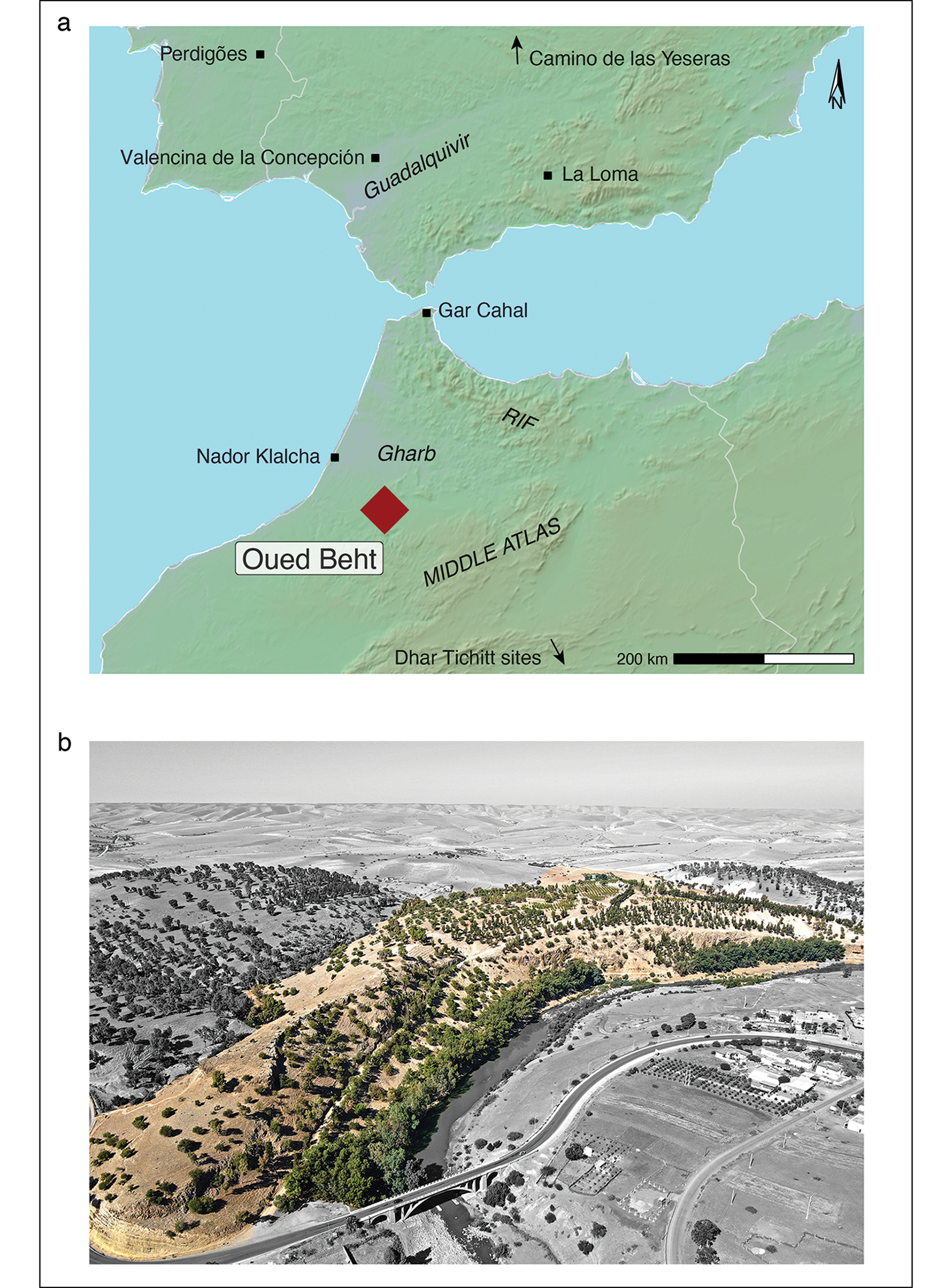 a) The north-western Maghreb, showing Oued Beht and other locations mentioned; b) the Oued Beht ridge and river, from the south-east