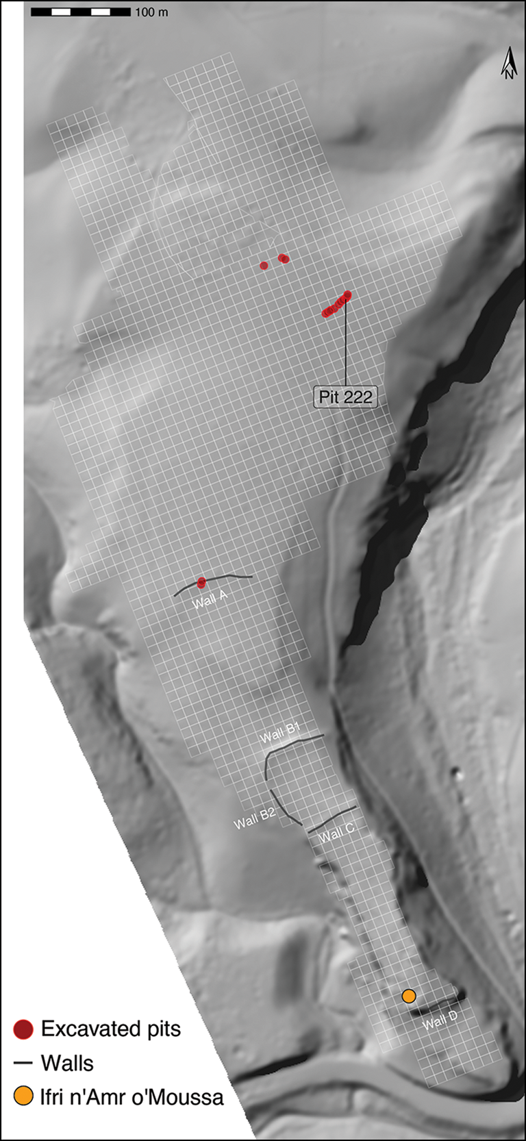 Plan of Oued Beht, showing known pits and linear structures