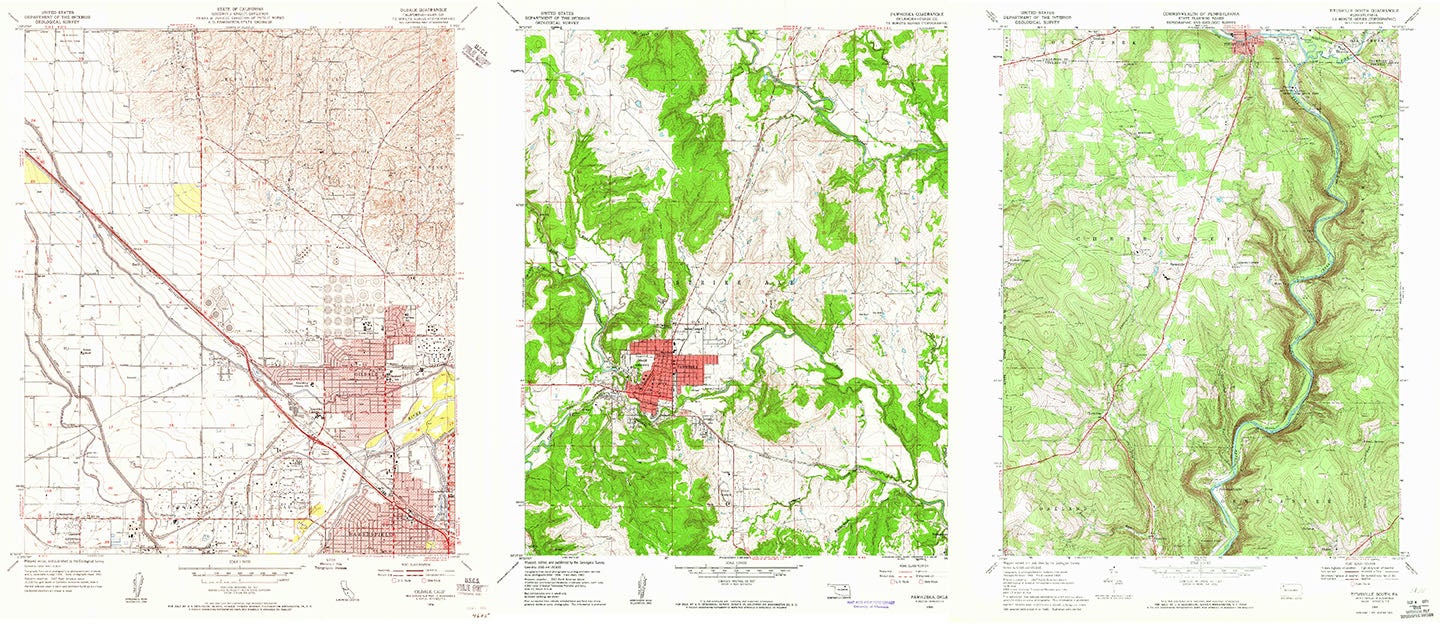 Quadrangle maps show areas in California, Oklahoma, and Pennsylvania. 