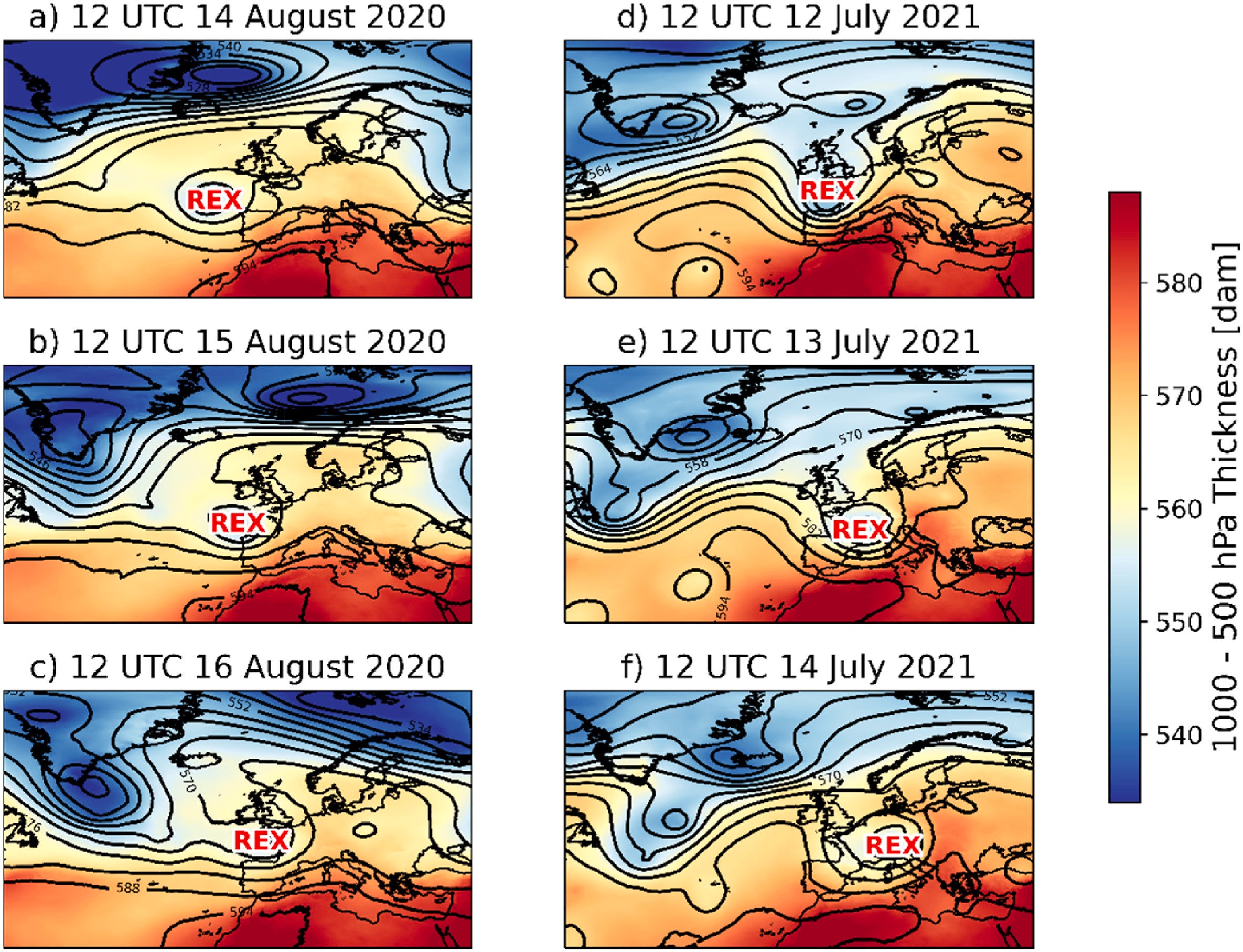 Evolution of a Rex Vortex during two notable UK extreme rainfall events; left column leading up to August 16, 2020 extreme rainfall event in Norfolk and right column during the London and Germany floods, July 2021 from the operational analysis of the global configuration of the Unified Model. 