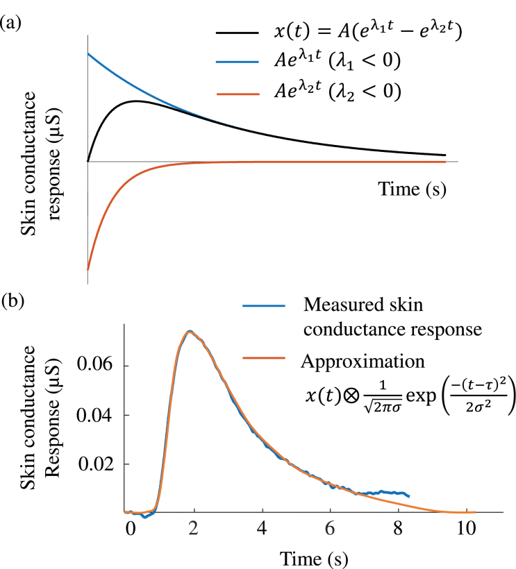 Functional approximation of the skin conductance response. (a) Summation of two exponential functions that decay with time. (b) Summation of the exponential function is smoothed and approximated to the measured skin conductance response.