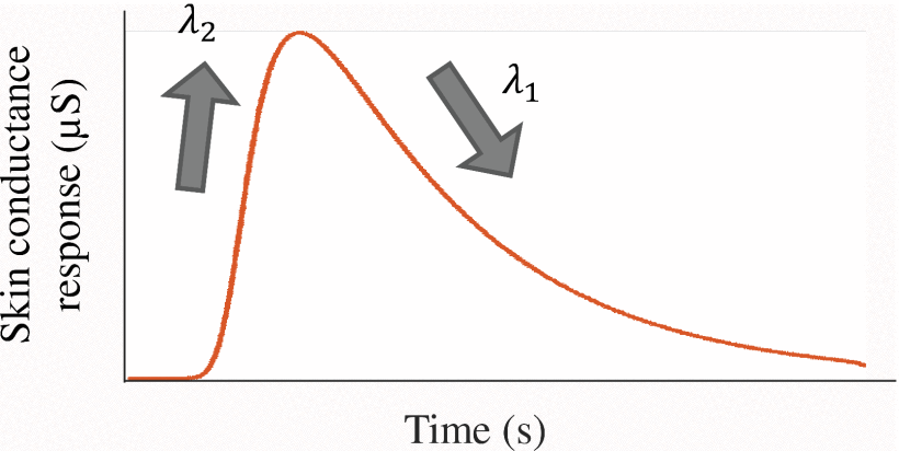 Effects of parameters on the skin conductance response waveform. λ1 and λ2 largely determine the steepness of falling and rising curves, respectively.