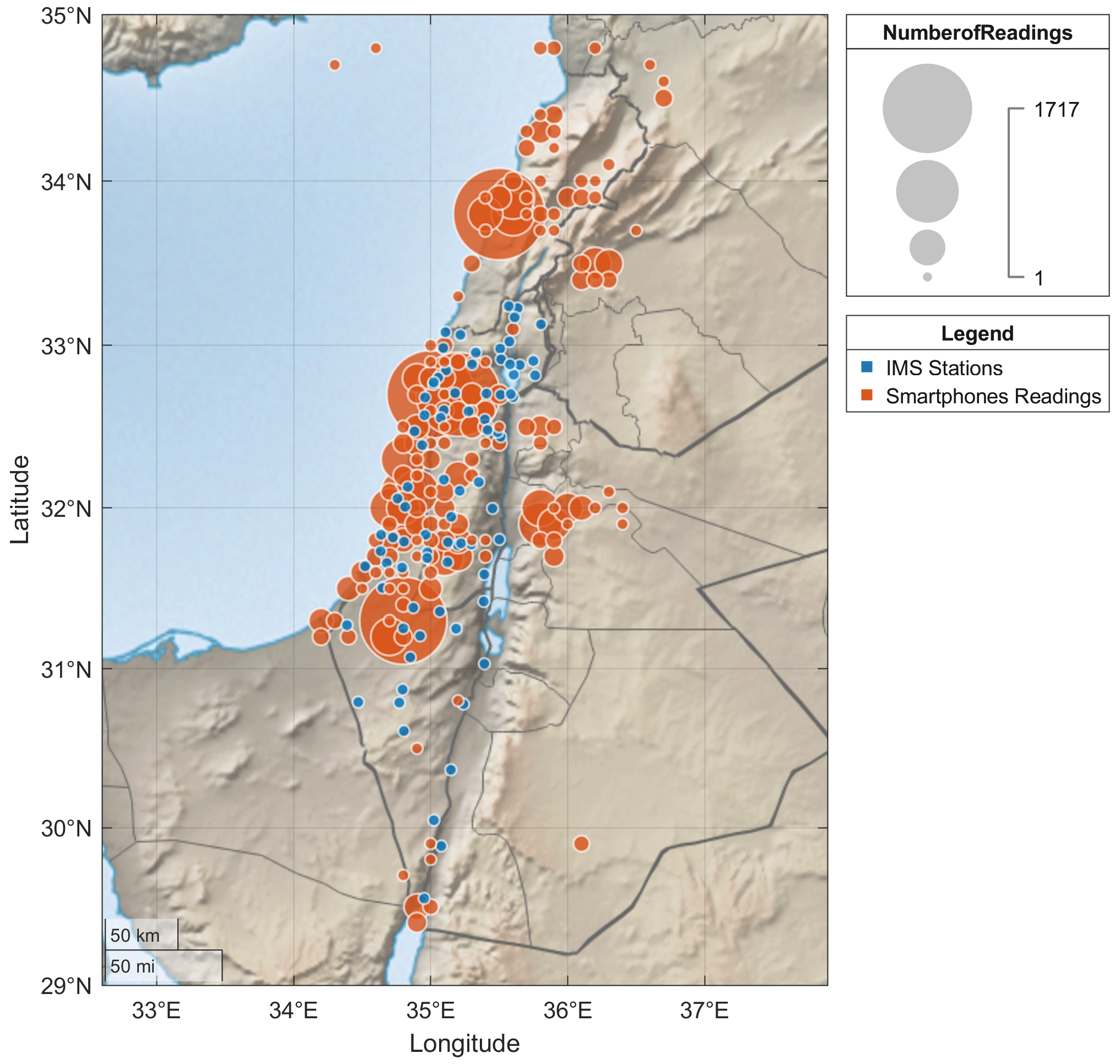 Smartphone observations during 1 d (4 June 2014), with each circle representing the number of readings in a 0.1°×0.1° grid box. The IMS station coverage (official reference stations) is shown by uniform-size blue dots. The number of data samples from IMS is 86 400 on this day. The total number of data samples from smartphones is 15 770.