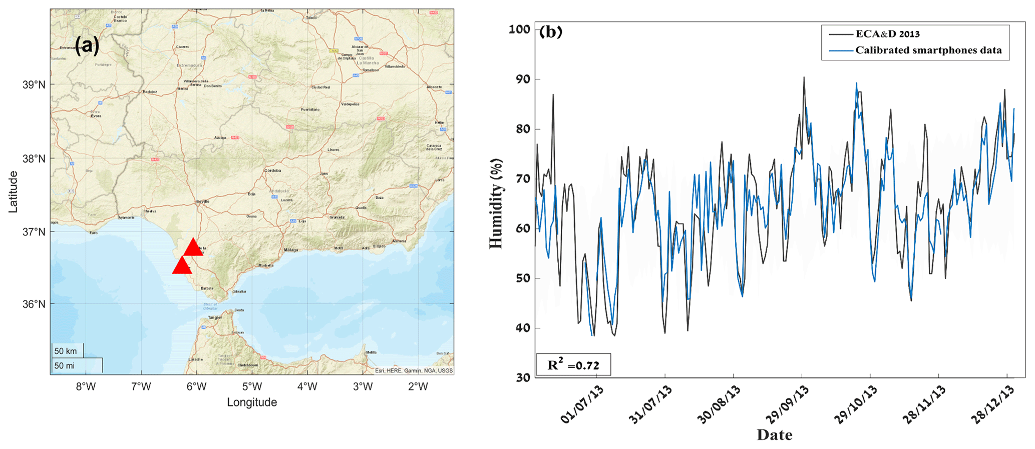 RH data from two weather stations in Spain extracted from ECAD (2020) marked with red triangles (a), with the exact location at 36.75° N, 6.0625° W and 36.5° N, 6.2625° W. 