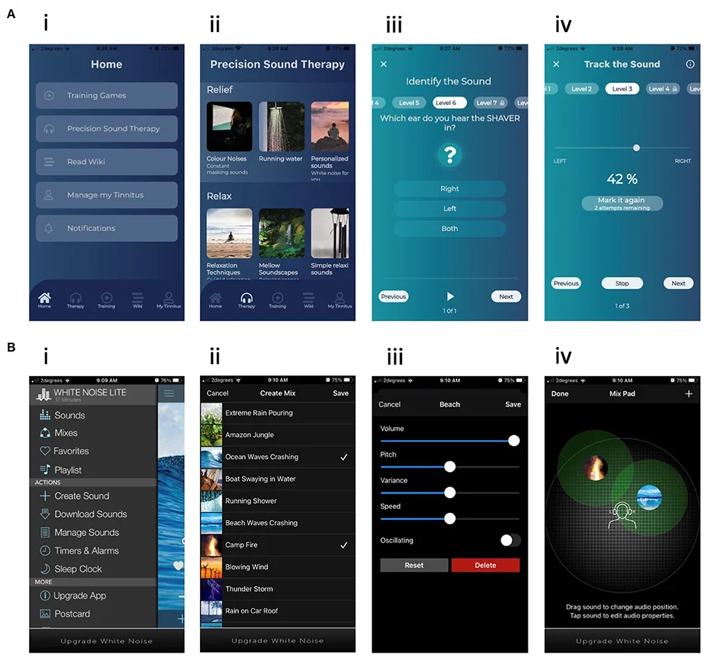 Example screenshots for (A) the USL intervention (i) Menu, (ii) Passive therapy sounds, (iii) AOIL task, (iv) Tracking task. (B) The WN intervention. (i) Menu, (ii) Passive therapy sounds, (iii) Sound control, (iv) Sound mixing. 