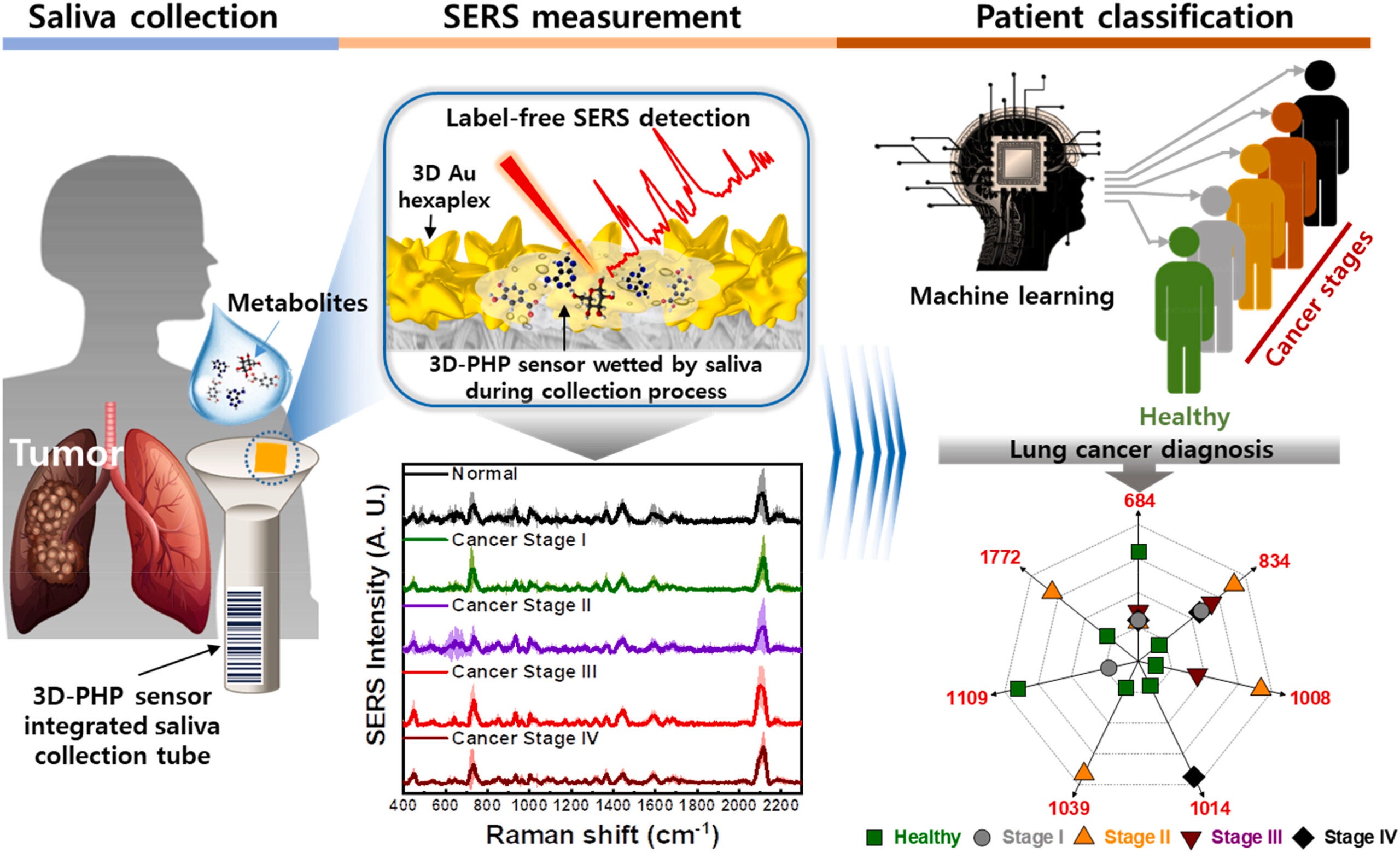 Schematic illustration of the 3D-PHP sensor integrated with saliva collection tube for applications in human saliva sensing and lung cancer diagnosis.