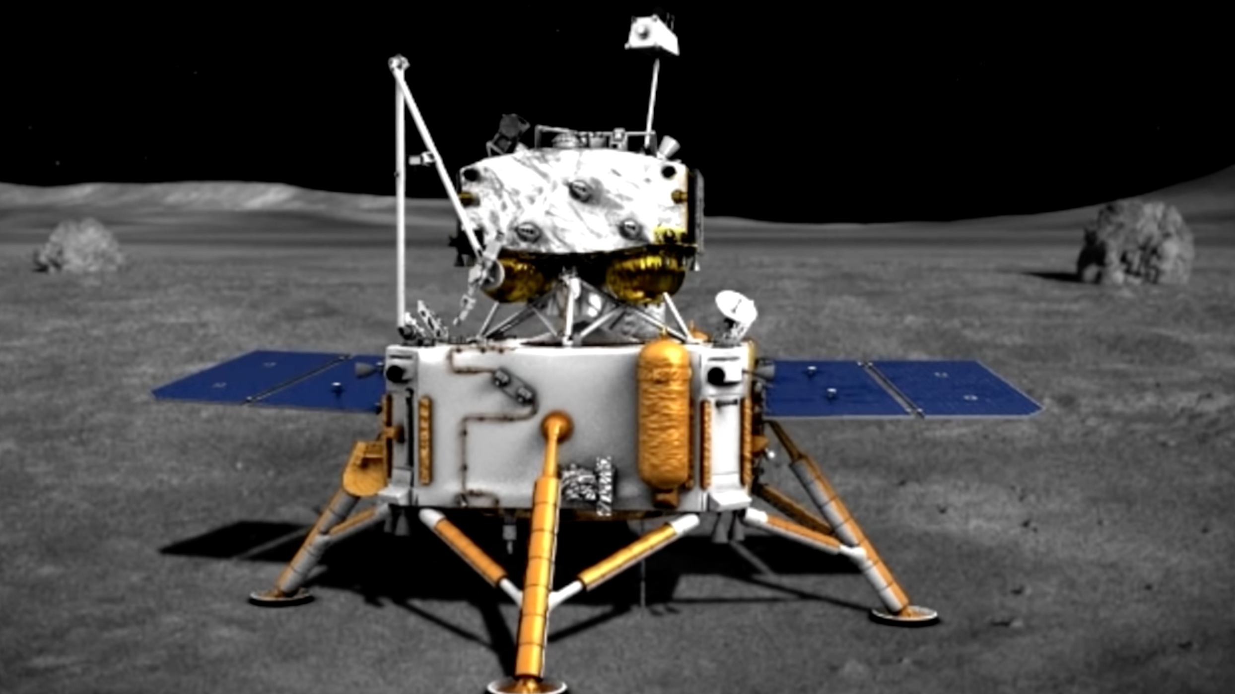 An animation of the Chang'e 5 lander on the moon.