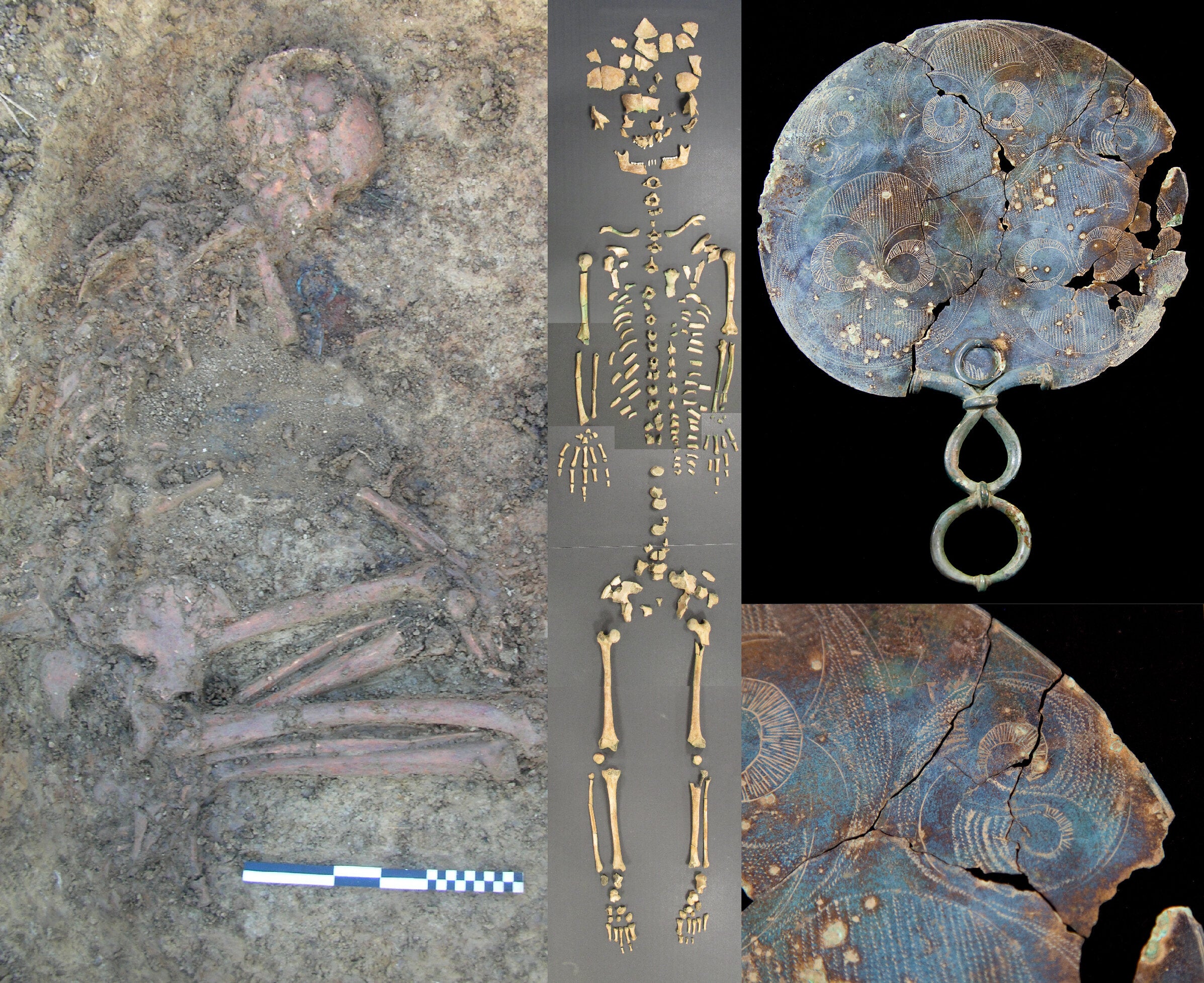 Durotrigian burial of a young woman from Langton Herring sampled for DNA (c) Bournemouth University. She was buried with a mirror (right panels) and jewellery, including a Roman coin amulet showing a female charioteer representing Victory.jpg.