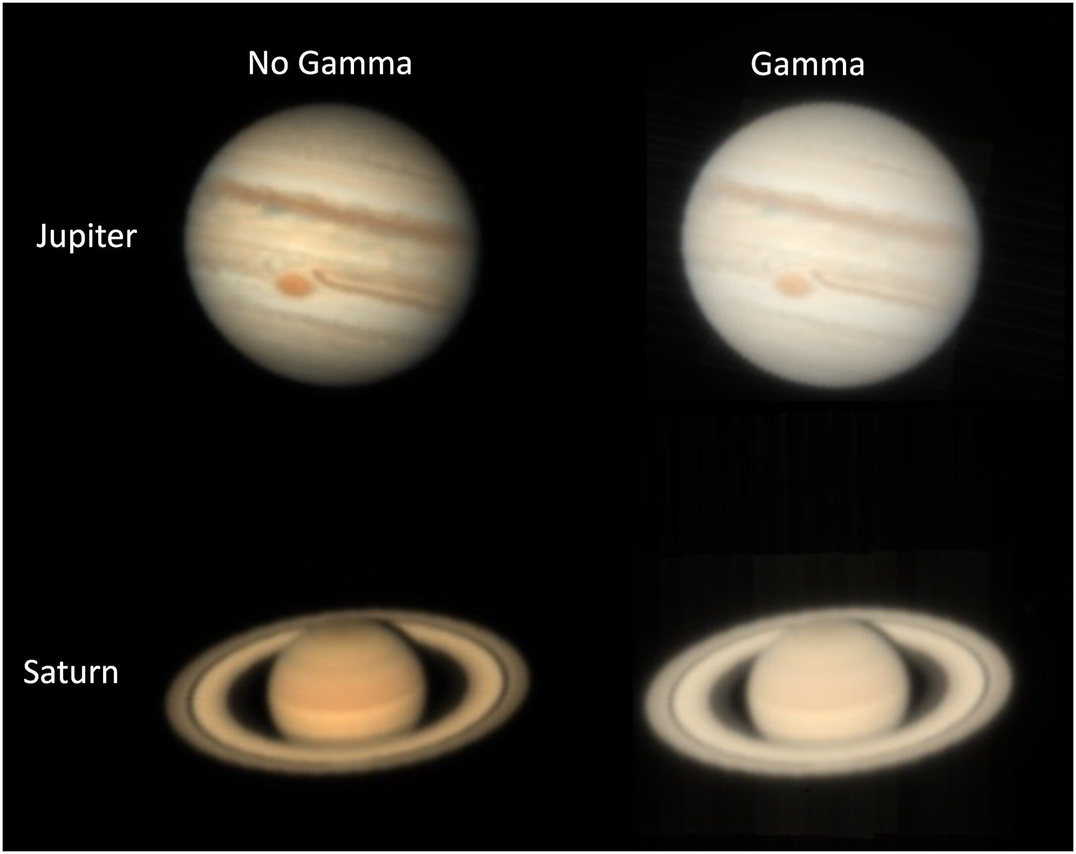 Visible appearance of Jupiter and Saturn reconstructed from VLT/MUSE observations on 23 March 2020 and 6 April 2017, respectively.