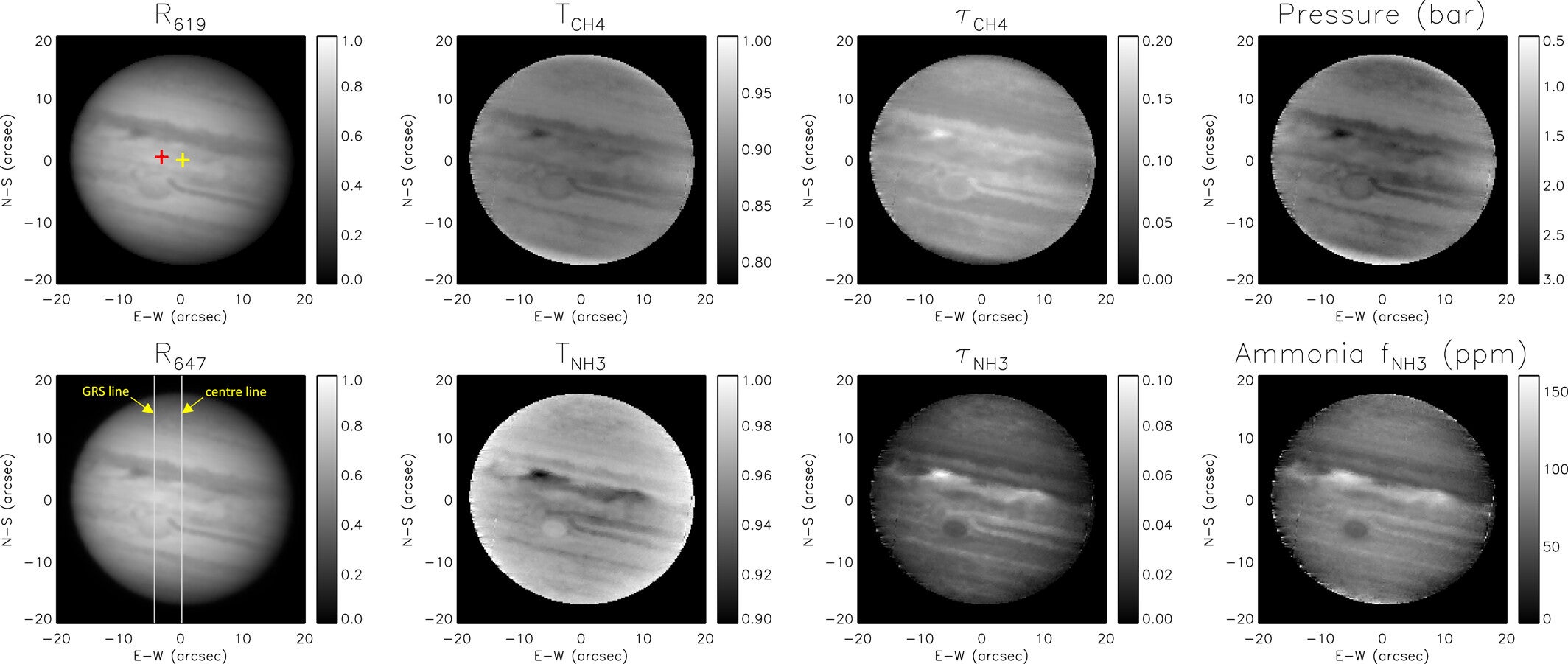 Example of band-depth approximation calculations (HILL method) applied to VLT/MUSE observations of Jupiter made on 23 March 2020.